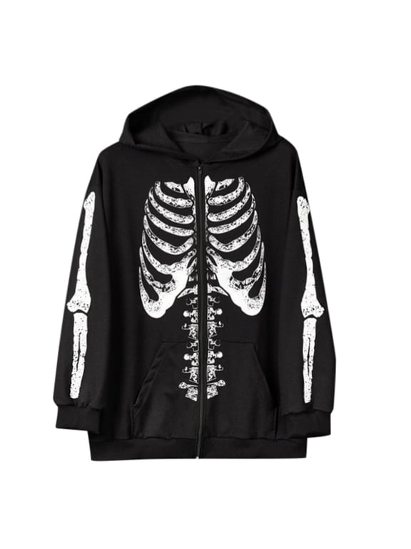 Mens Skeleton Print Full Zip Hoodie Long Sleeve Hooded Zip Up Jacket Cozy Edgy Casual Hoodies