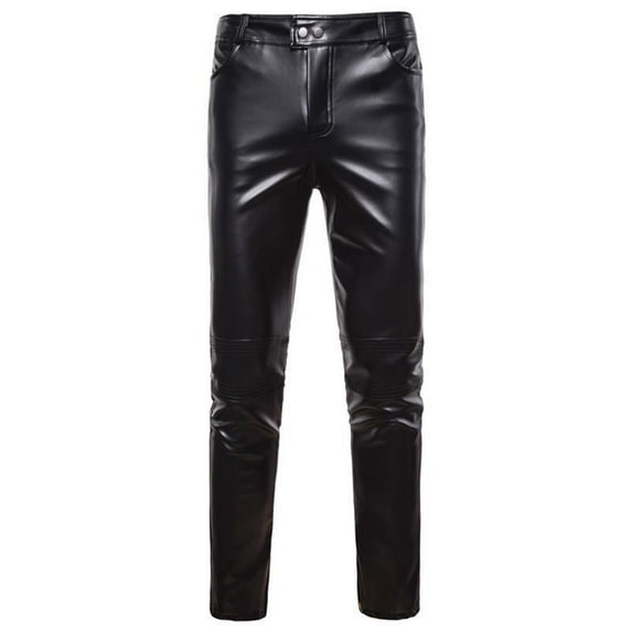 XIAOCHA Mens Slim-Fit Leather Pants Button Glossy Skinny Leg Pants Stretchy Edgy Biker Style Trousers