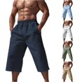 thumbnail image 1 of XIAOCHA Mens Solid Color Linen Capri Pants Elastic Drawstring Side Pocket Loose Vacation Bottoms, 1 of 7