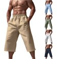 thumbnail image 1 of XIAOCHA Mens Solid Color Linen Capri Pants Elastic Drawstring Side Pocket Loose Vacation Bottoms, 1 of 7