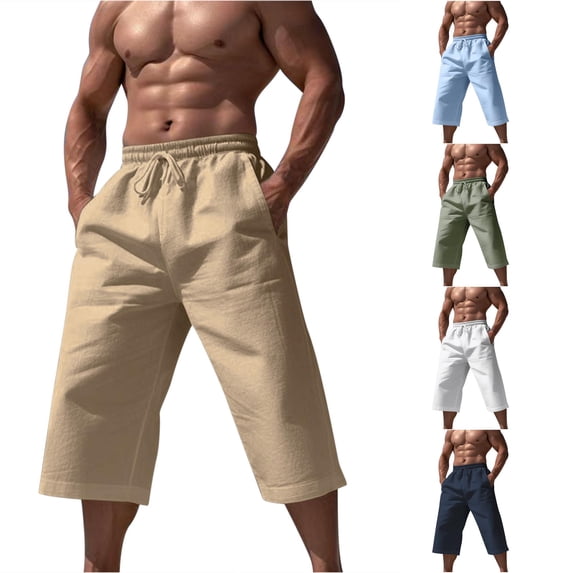 XIAOCHA Mens Solid Color Linen Capri Pants Elastic Drawstring Side Pocket Loose Vacation Bottoms