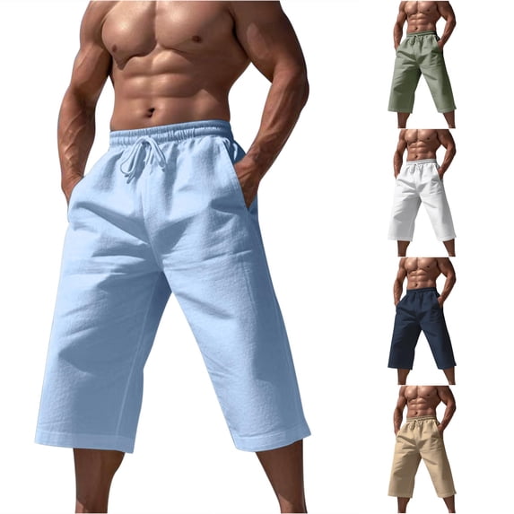 XIAOCHA Mens Solid Color Linen Capri Pants Elastic Drawstring Side Pocket Loose Vacation Bottoms