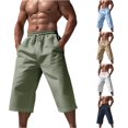 thumbnail image 1 of XIAOCHA Mens Solid Color Linen Capri Pants Elastic Drawstring Side Pocket Loose Vacation Bottoms, 1 of 7