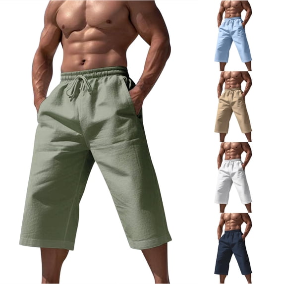 XIAOCHA Mens Solid Color Linen Capri Pants Elastic Drawstring Side Pocket Loose Vacation Bottoms