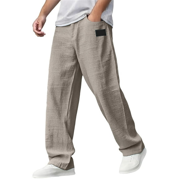 XIAOCHA Mens Sweatpants Solid Color Linen Elastic Waist Soft Loose Straight Leg Casual Pants Versatile Classic Lightweight Comfortable Long Sweatpant