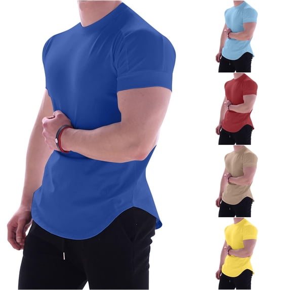 XIAOCHA Mens Solid Curved Hem T Shirt Crew Neck Short Sleeve Fitted Casual Tee
