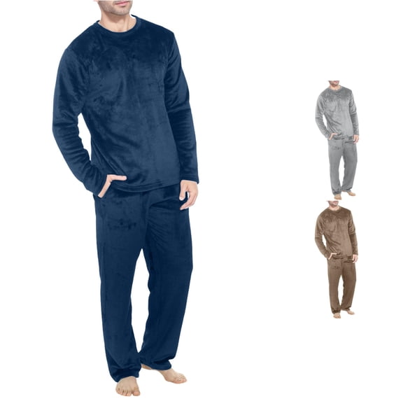 XIAOCHA Mens Solid Pajama Set Crew Neck Long Sleeve Top Straight Pant Indoor Sleep Outfit