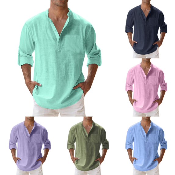 XIAOCHA Mens Solid Henley Long Sleeve Shirt Relaxed Fit Pocket Beach Casual Tops