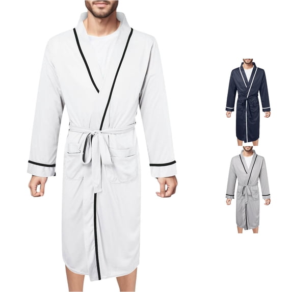 XIAOCHA Mens Solid Robe Long Sleeve Piping Trim Belted Night Robe With Pockets