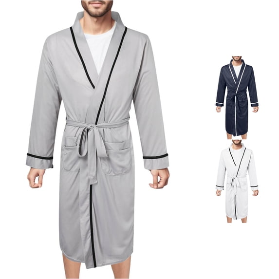 XIAOCHA Mens Solid Robe Long Sleeve Piping Trim Belted Night Robe With Pockets