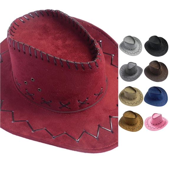 XIAOCHA Mens Stitched‑Ornament Cowboy Hat Solid Shapeable‑Brim Western Hats Rodeo‑Activity Wide Brim Western Hat,Red