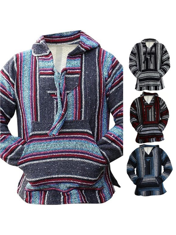Mens Striped Baja Hoodie Pattern Long Sleeve Layer Outdoor Casual Hooded Sweatshirt, Purple, Sizes XXL