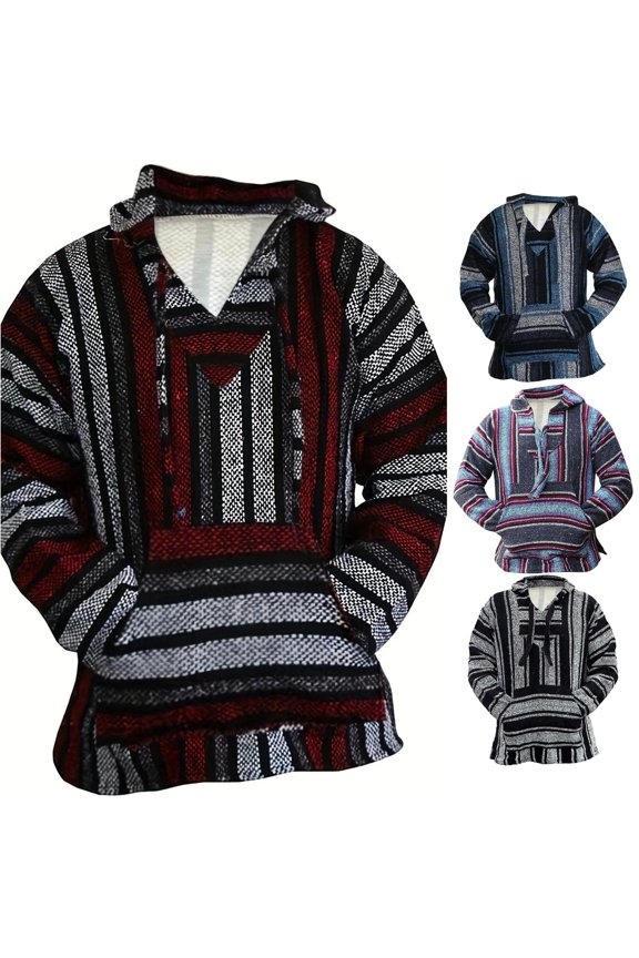 Mens Striped Baja Hoodie Pattern Long Sleeve Layer Outdoor Casual Hooded Sweatshirt, Red, Sizes S