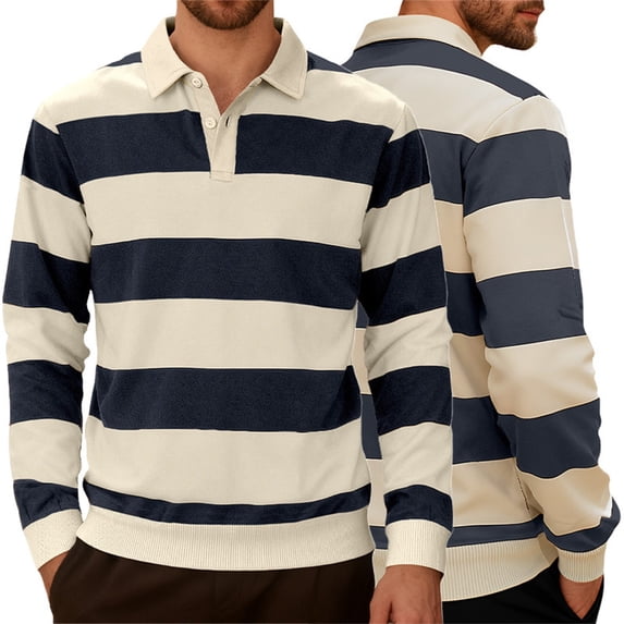 XIAOCHA Mens Striped Polo Shirt Long Sleeve Half Zip Top Classic Casual Rugby Pullover