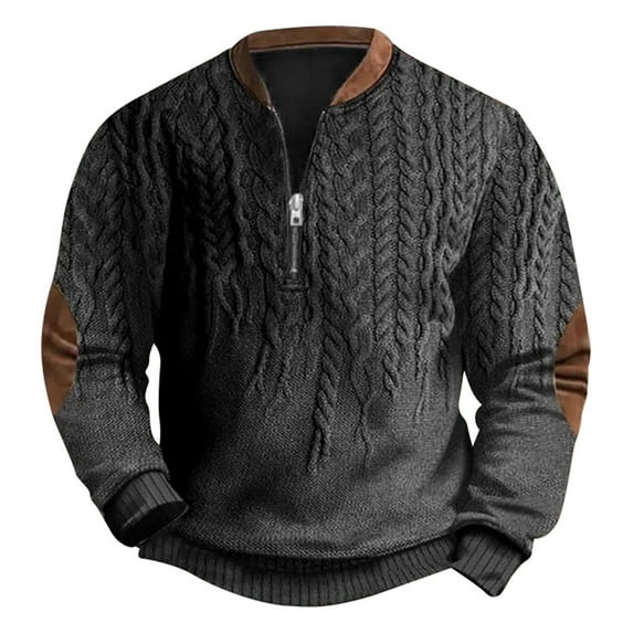 XIAOCHA Mens Sweatshirt Autumn Winter Vintage Cable Knit Half Zip Sweatshirt Vintage Patch Trendy Pullover Slim Fit Sporty Top Streetwear