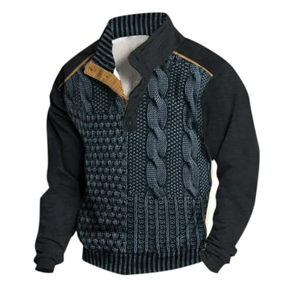 XIAOCHA Mens Sweatshirt Vintage Cable Knit Long Sleeve Stand Collar Sporty Top Stripe Color Block Warm Pullover Half Zipper Sweatshirt