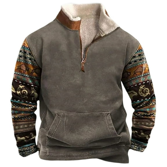 XIAOCHA Mens Sweatshirt Vintage Half Zip Ethnic Pattern Pullover Sweatshirt Lined Kangaroo Pocket Long Sleeves Casual Sweatshirt Outdoor