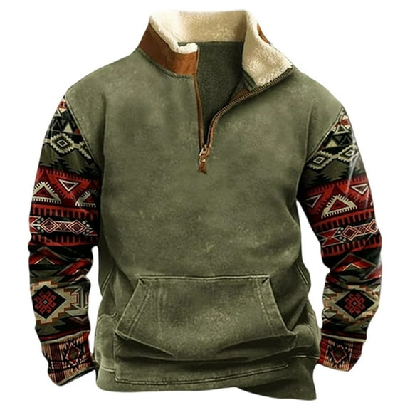 XIAOCHA Mens Sweatshirt Winter Ethnic Pattern Lined Warm Pullover Sweatshirt Kangaroo Pocket Casual Long Sleeves Vintage Half Zip Sweatshirts