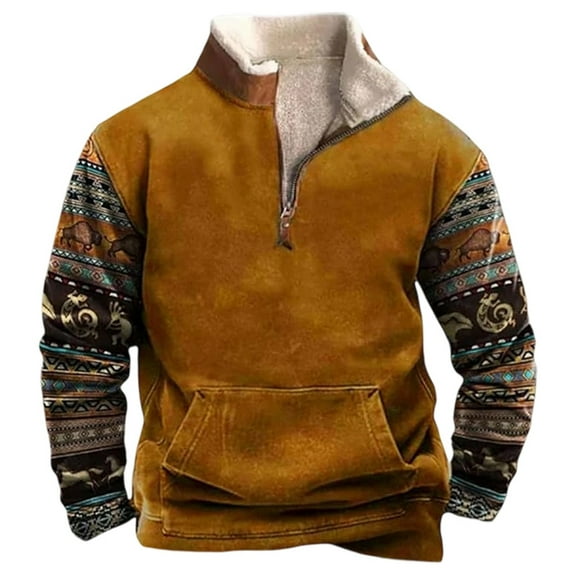 XIAOCHA Mens Sweatshirtt Vintage Ethnic Pattern Half Zip Pullover Tops Casual Long Sleeve Winter Fleece Lined Warm Comfortable Sweatshirts Streetwear With Kangaroo Pocket
