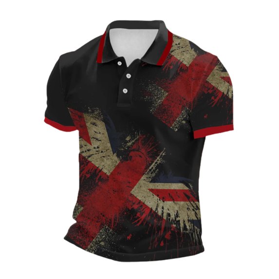 XIAOCHA Mens Union Jack Print Polo Shirt Slim Short Sleeve Collar Tee Retro Sports Golf Top