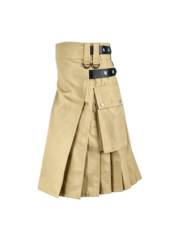 Mens Utility Pleated Kilt Belt Decor Side Pockets Men Skirt