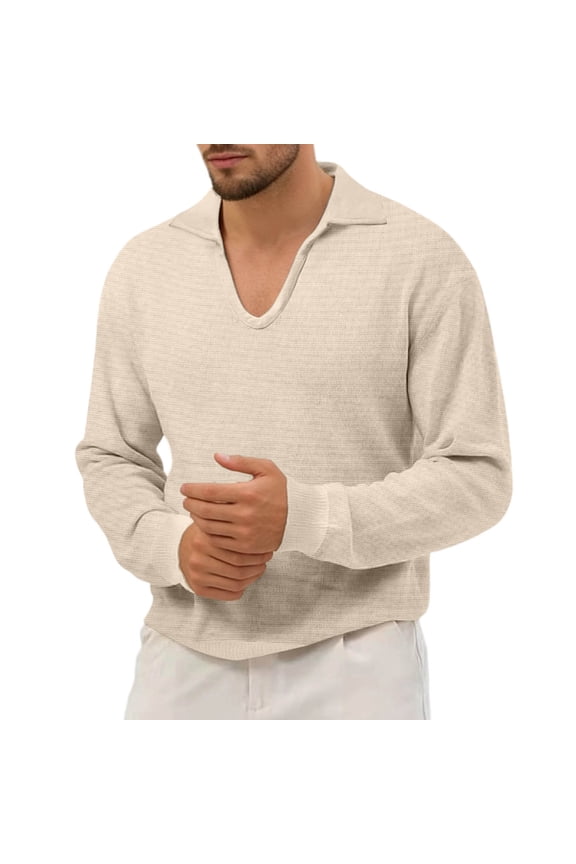 Mens Waffle Knit Johnny Collar Top Long Sleeve Johnny Collar Pullover Sweater Soft Minimalist Casual Sweaters