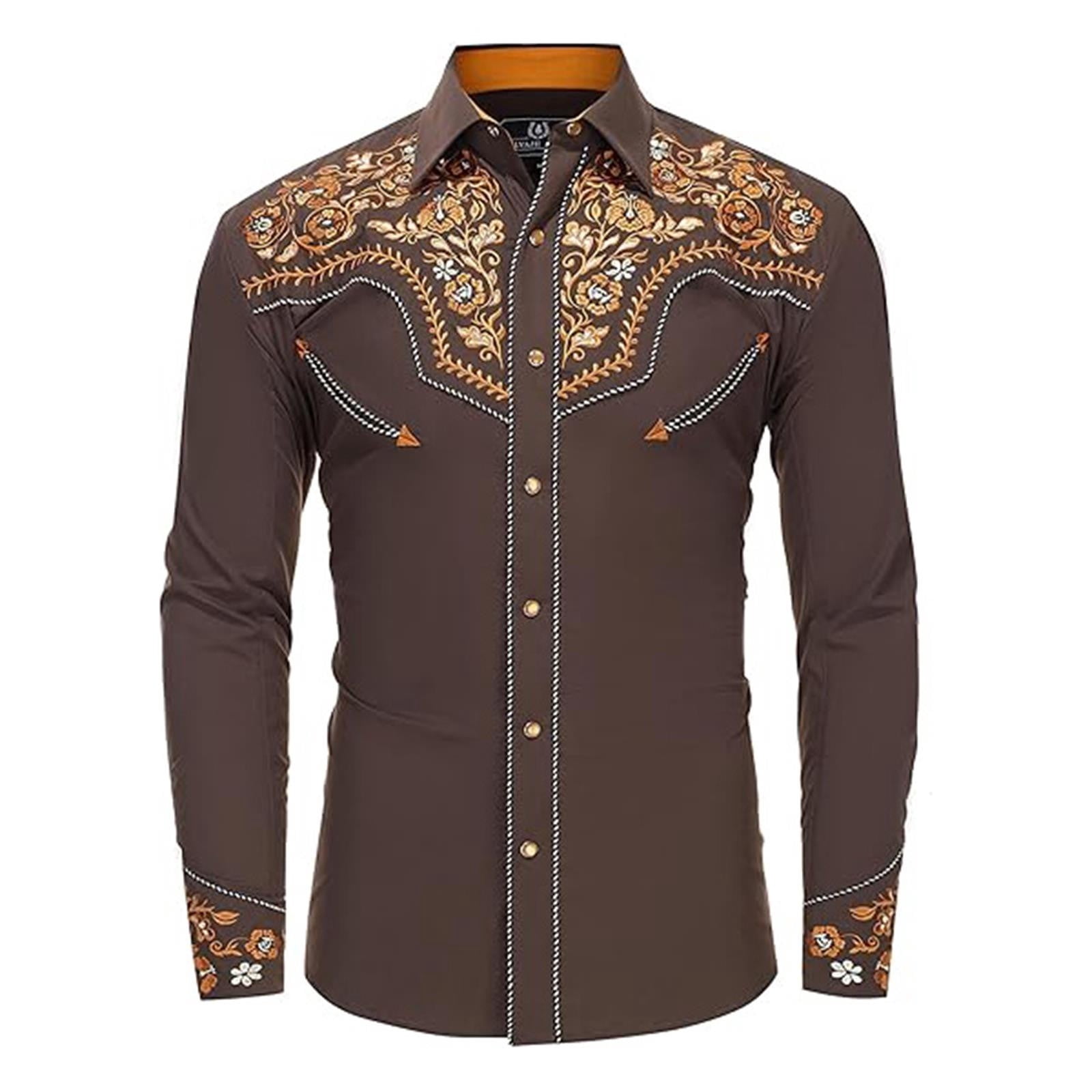 XIAOCHA Mens Western Cowboy Embroidered Long Sleeve Shirt Retro Vintage ...