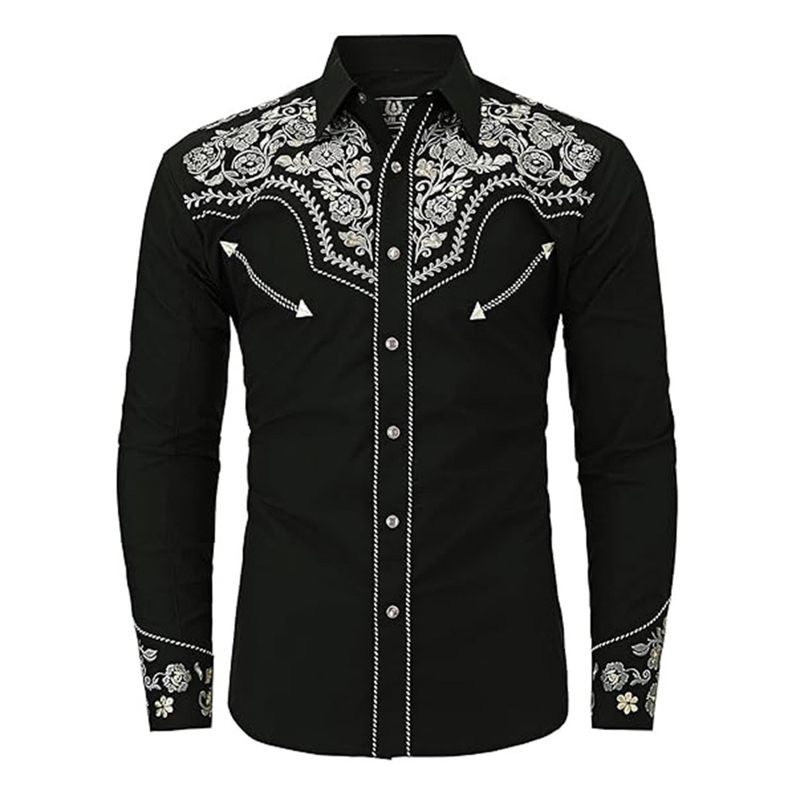 XIAOCHA Mens Western Cowboy Embroidered Long Sleeve Shirt Retro Vintage ...