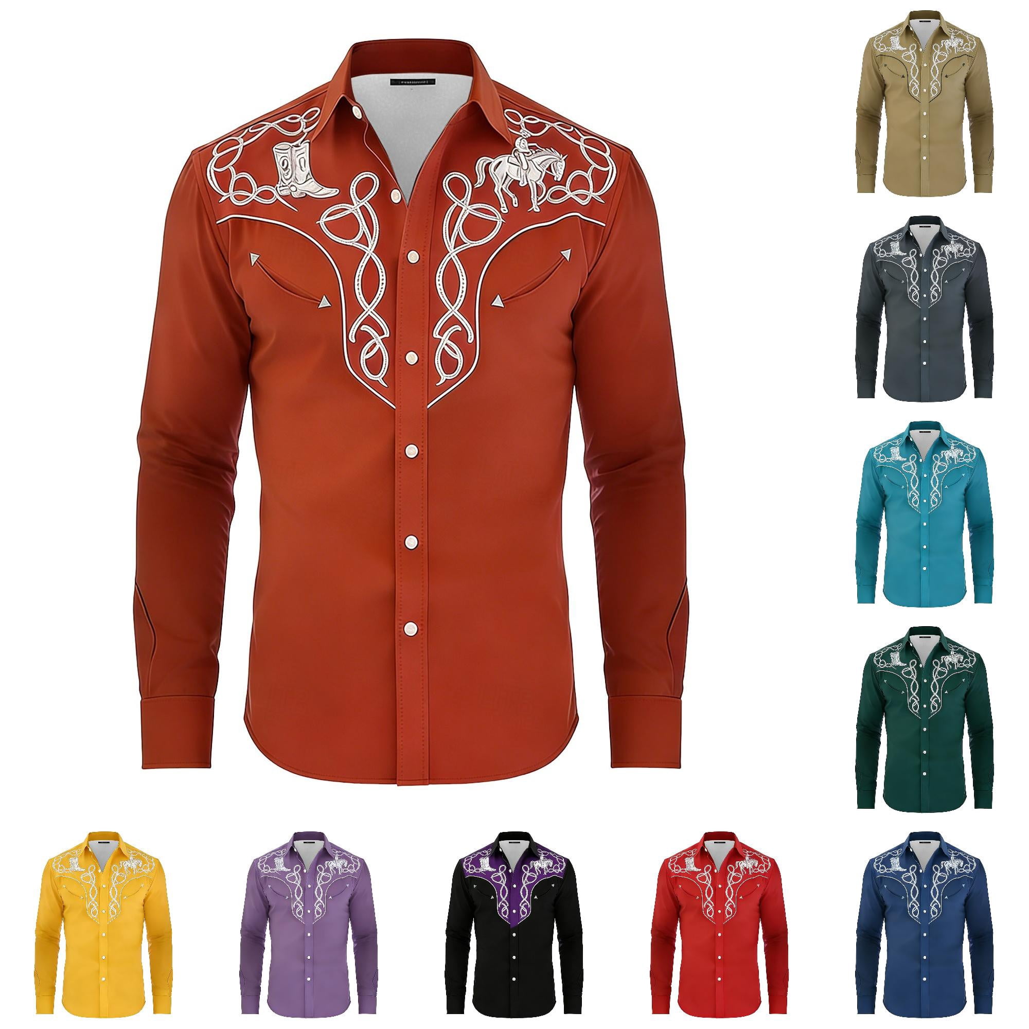 Design Button Food XIAOCHA Mens Western Embroidered Button Down Shirt Long Sleeve Cowboy ...