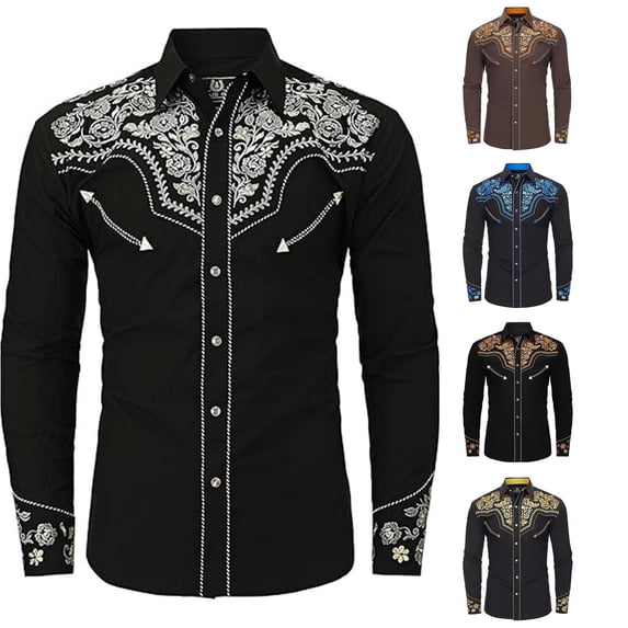 XIAOCHA Mens Western Embroidery Long Sleeve Shirt Tailored Fit Rodeo Button Down Shirts