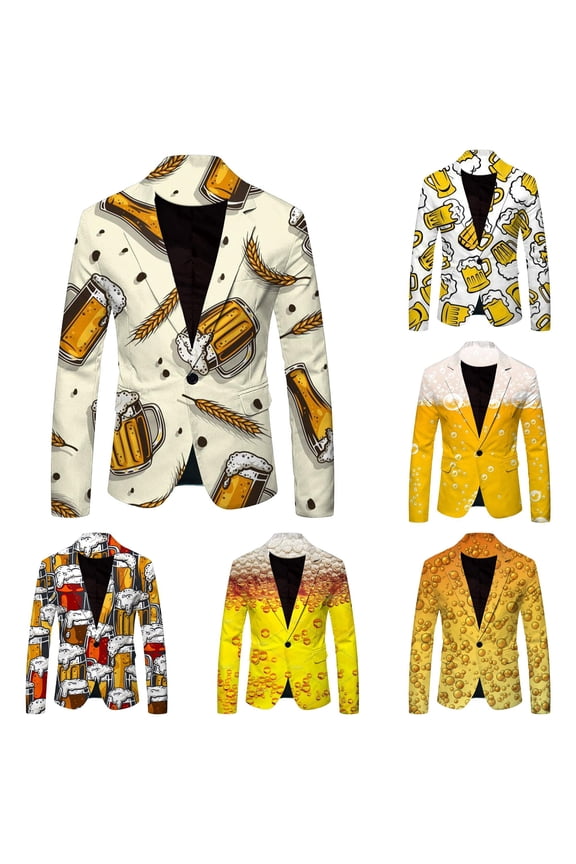 Mens Wheat Mug Print Blazer Single Button Oktoberfest Suit Jacket Halloween Casual Outerwear,Brown,Sizes XXXL