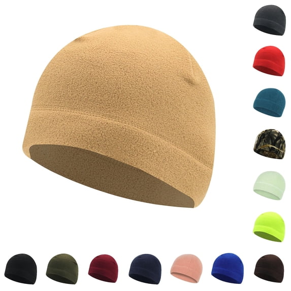 XIAOCHA Mens Wind‑Resistant Fleece Beanie Solid Slim Crown Outdoor Trek Fall Winter Cap,Khaki