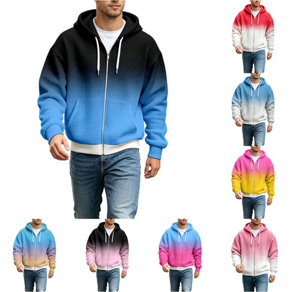 XIAOCHA Mens Zip Up Hoodie Ombre Waffle Knit Hoodies Street Casual Hooded Sweatshirt, Black2, Sizes XXXXXL