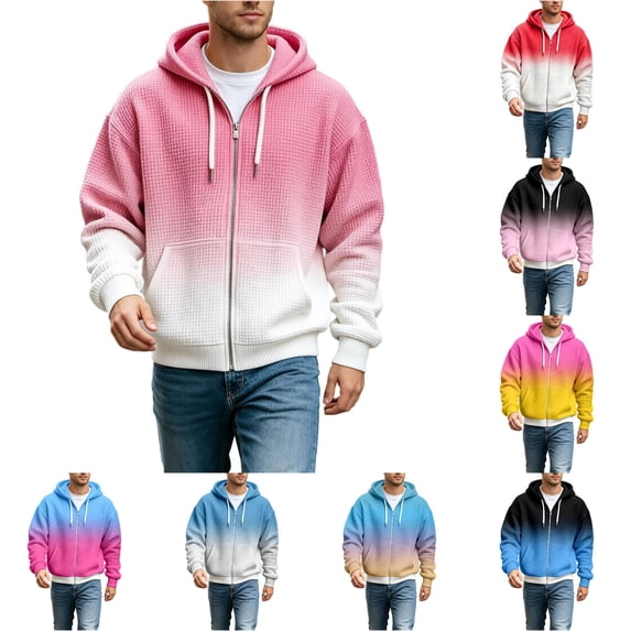 XIAOCHA Mens Zip Up Hoodie Ombre Waffle Knit Hoodies Street Casual Hooded Sweatshirt, Light Pink, Sizes XXXXXL