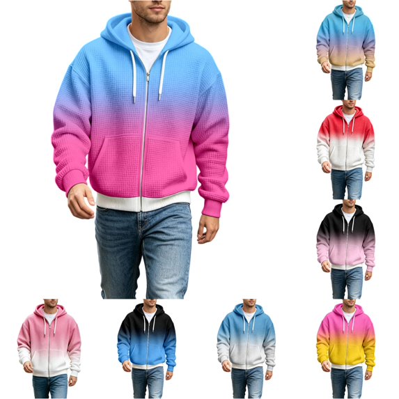 XIAOCHA Mens Zip Up Hoodie Ombre Waffle Knit Hoodies Street Casual Hooded Sweatshirt, Sky Blue3, Sizes XXXL