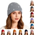 thumbnail image 1 of XIAOCHA Mixed‑Bead Embellished Beanie for Women，Pearl‑Trim Fall‑Winter Outdoor Toque,Light Gray, 1 of 4