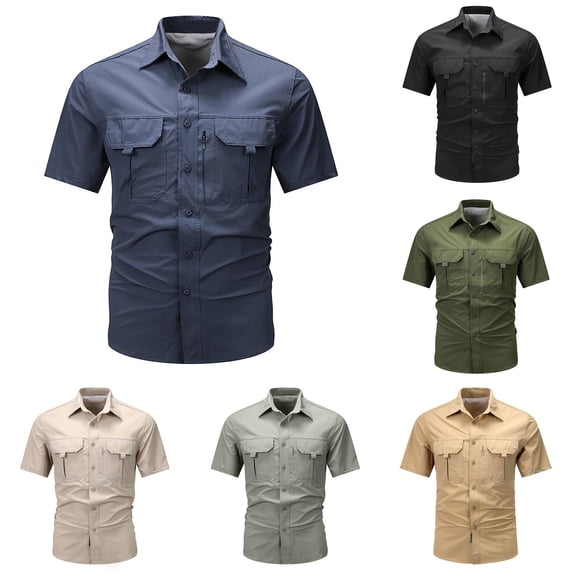 XIAOCHA Multi Pocket Cargo Shirt For Men Turn Down Collar Short Sleeve Button Work Top