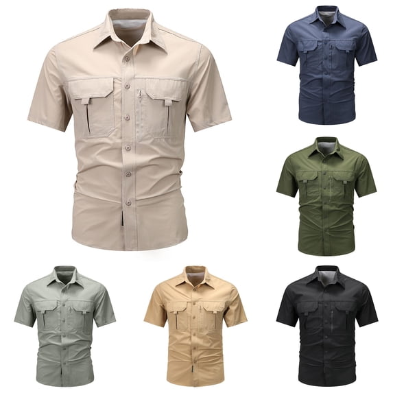 XIAOCHA Multi Pocket Cargo Shirt For Men Turn Down Collar Short Sleeve Button Work Top