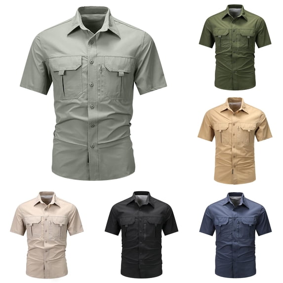 XIAOCHA Multi Pocket Cargo Shirt For Men Turn Down Collar Short Sleeve Button Work Top