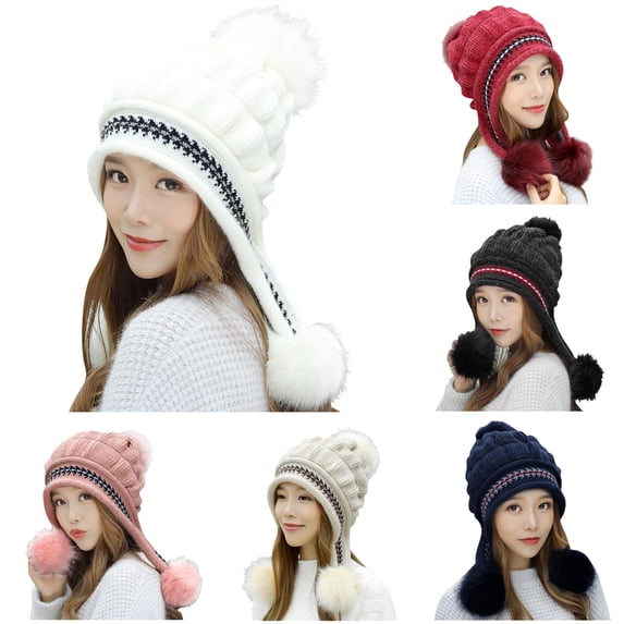 XIAOCHA Multi‑Pom Earflap Beanie for Women Solid Outdoor Hats Fall‑Winter Toque,White