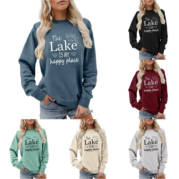XIAOCHA Nature Line Graphic Crew Neck Sweatshirt for Women Lake Side Letter Print Relaxed Vacation Sweat Pullover