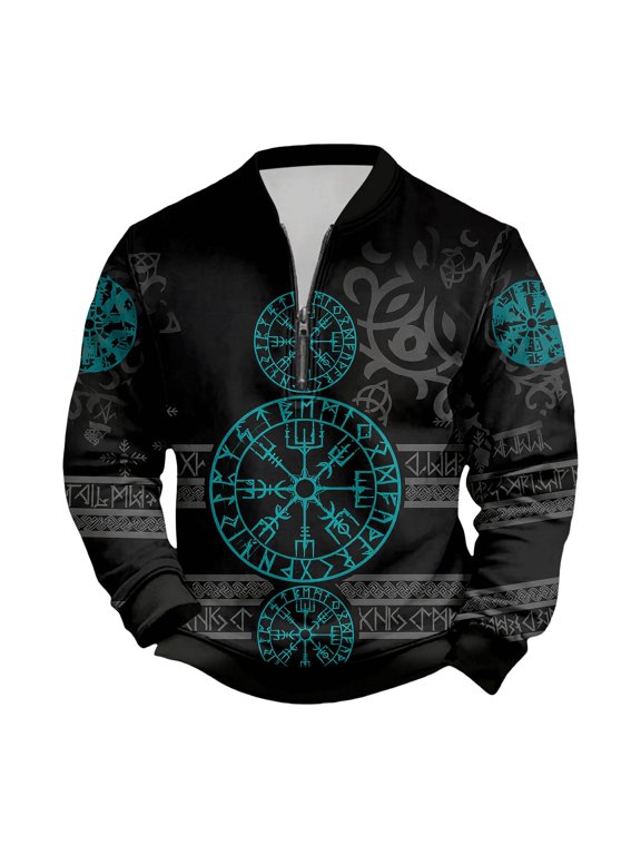 Nordic Rune Compass Print Half Zip Bomber Jacket Vintage Graphic Zip Up Coat