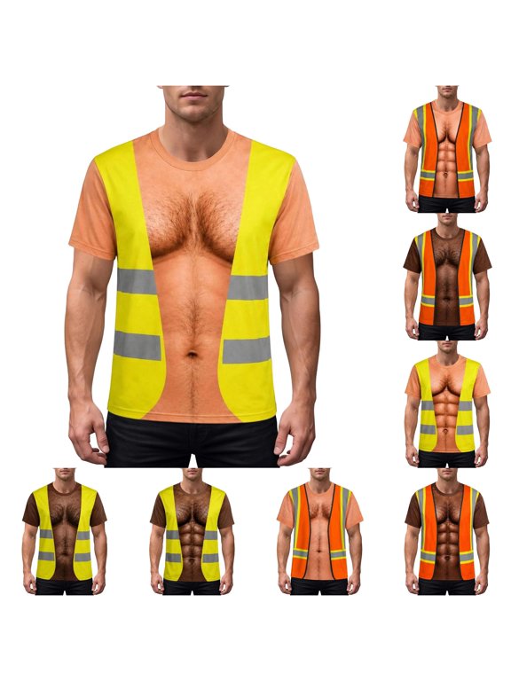 Novelty Construction Short Sleeve T Shirt for Men Safety Vest Funny Graphic Tee