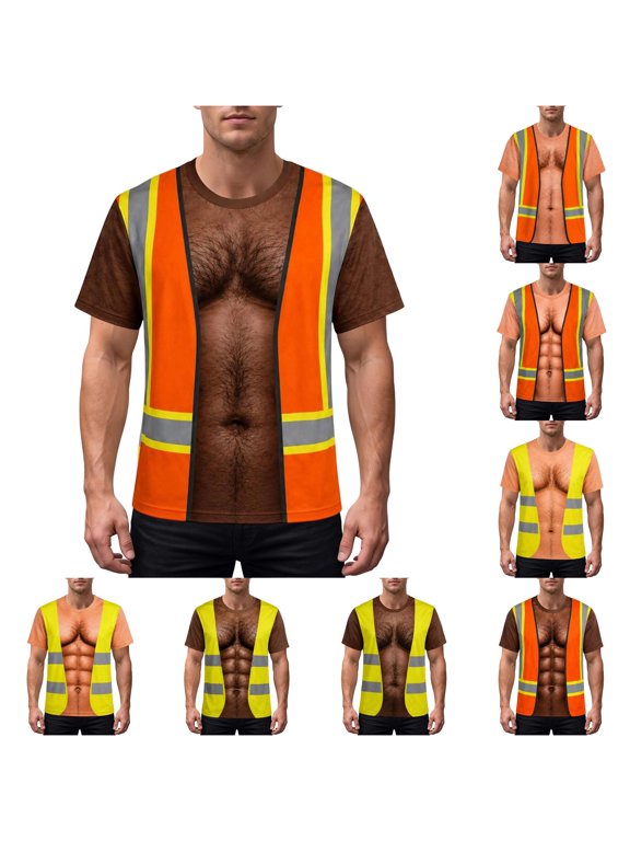 Novelty Construction Short Sleeve T Shirt for Men Safety Vest Funny Graphic Tee