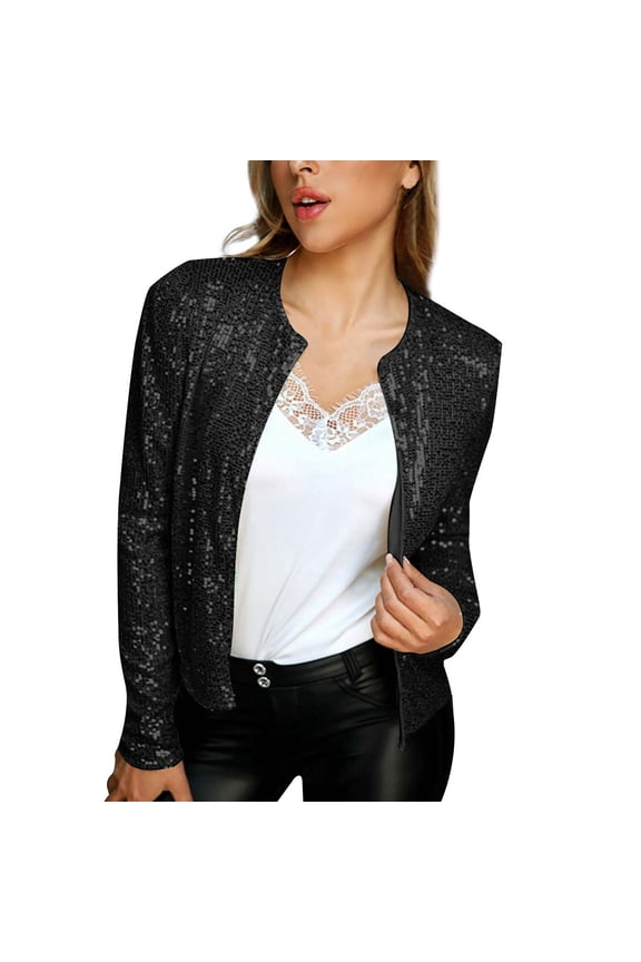 Open Front Sequin Jacket for Women Long-Sleeve Night Out Cropped Blazer