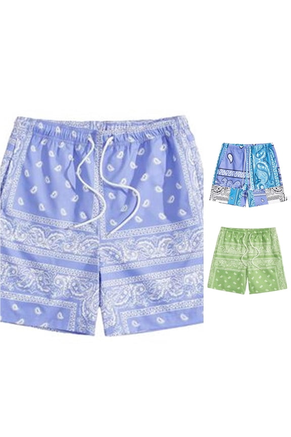 Paisley Print Swim Shorts For Men Patchwork Pattern Drawstring Quick Dry Beach Knee Bottoms