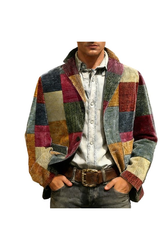 Patchwork Grid Turn-Down Collar Blazer For Men Single Breasted Daily Shopping Retro Outerwear Jacket