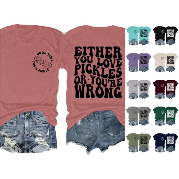 XIAOCHA Pickle Letter Print T Shirt For Women Short Sleeve Crew Neck Front Back Graphic Tee