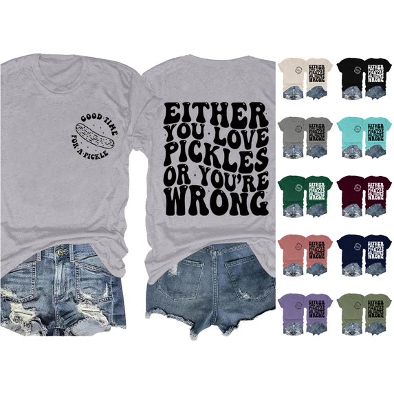 XIAOCHA Pickle Letter Print T Shirt For Women Short Sleeve Crew Neck Front Back Graphic Tee