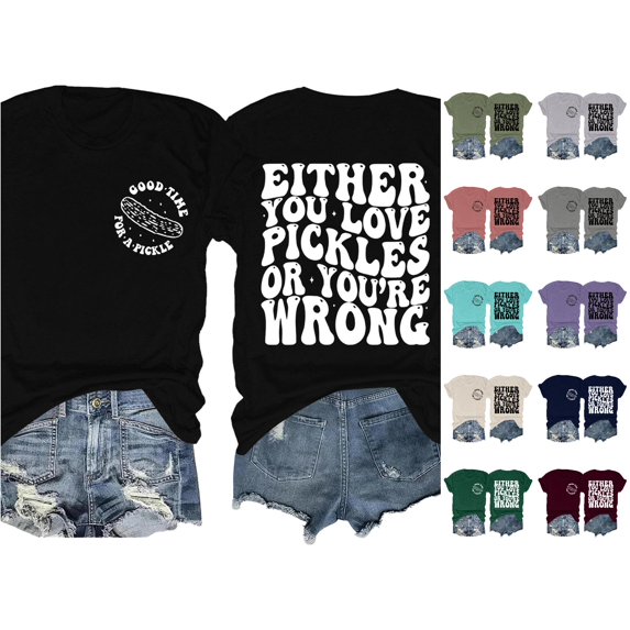 XIAOCHA Pickle Letter Print T Shirt For Women Short Sleeve Crew Neck Front Back Graphic Tee
